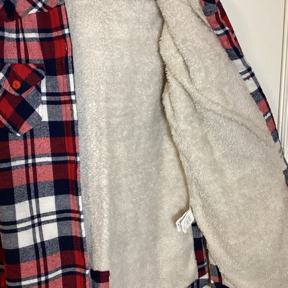 UK2LA Women's Fleece Shirt Jacket Red Plaid Size M Hooded Soft Warm Button Front - Picture 8 of 11